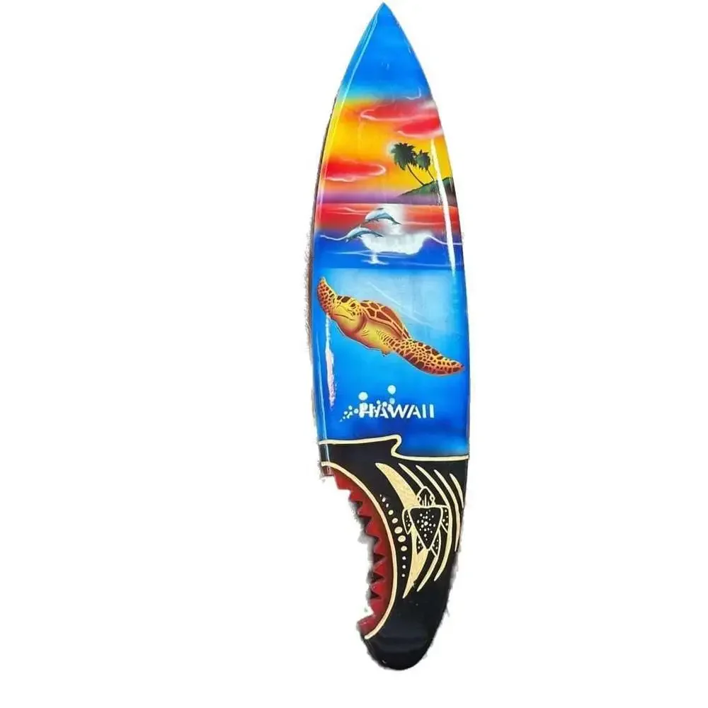 Hawaiian Hand Made 16” Carved Wood Surfboard Engraved Turtle Airbrush Dolphin